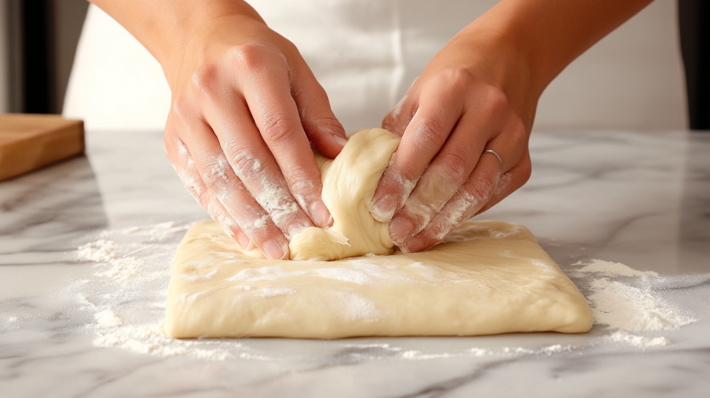 Hands kneading brioche dough on a floured surface