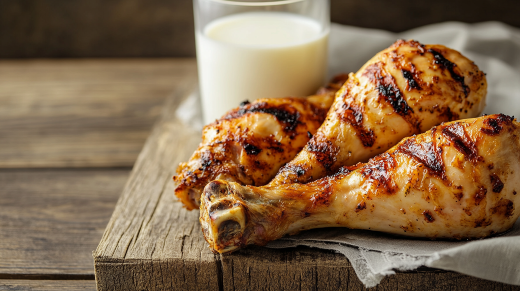 Milk and chicken displayed side by side.