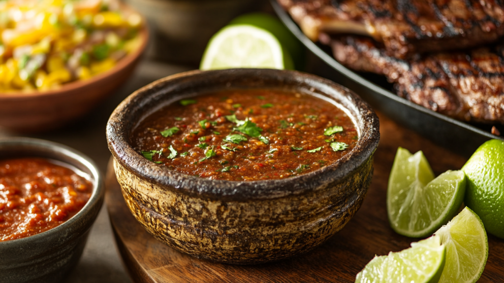 Molcajete sauce served with grilled meat.