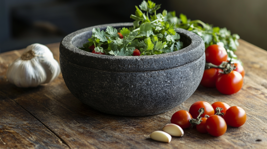 Traditional molcajete sauce in a stone mortar with fresh ingredients.