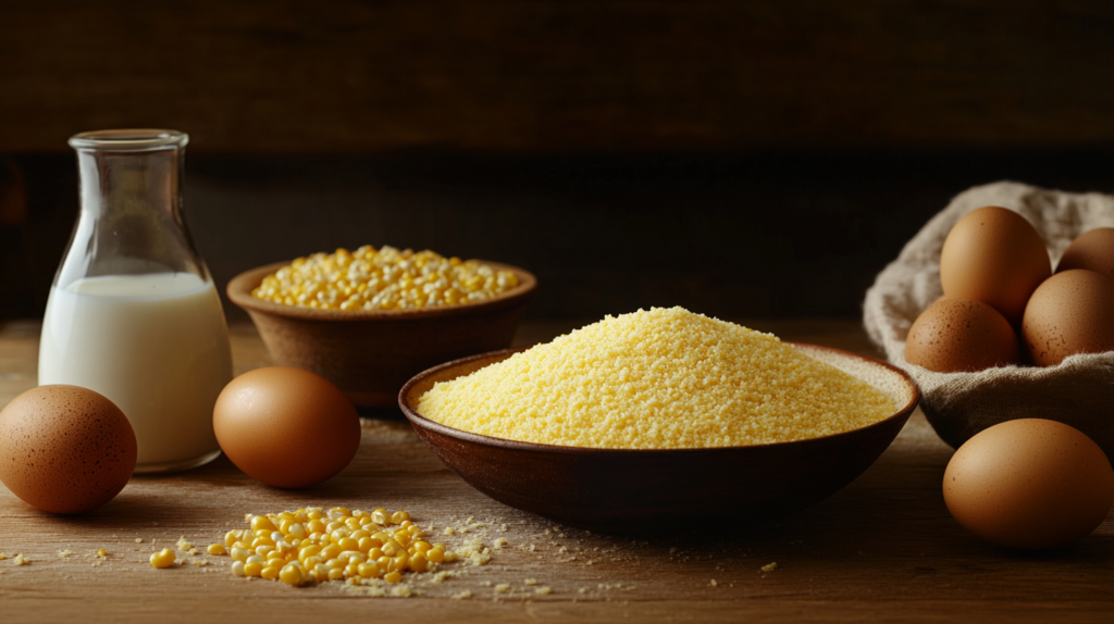  Ingredients used to make cornbread laid out on a table.