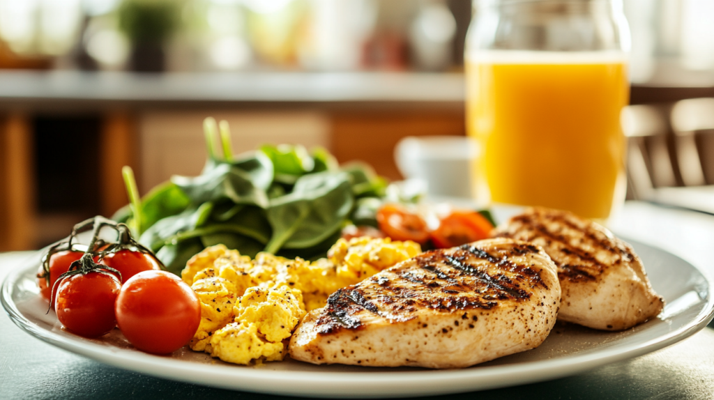 A healthy chicken breakfast spread featuring grilled chicken, eggs, and vegetables.