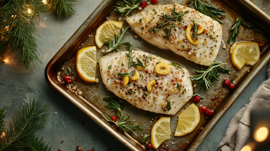 Baked rockfish fillet on a tray with herbs and lemon slices.