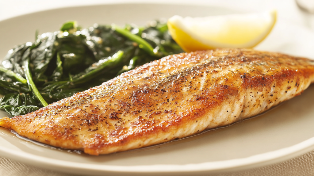 Crispy pan-seared steelhead trout fillet served with sautéed spinach.
