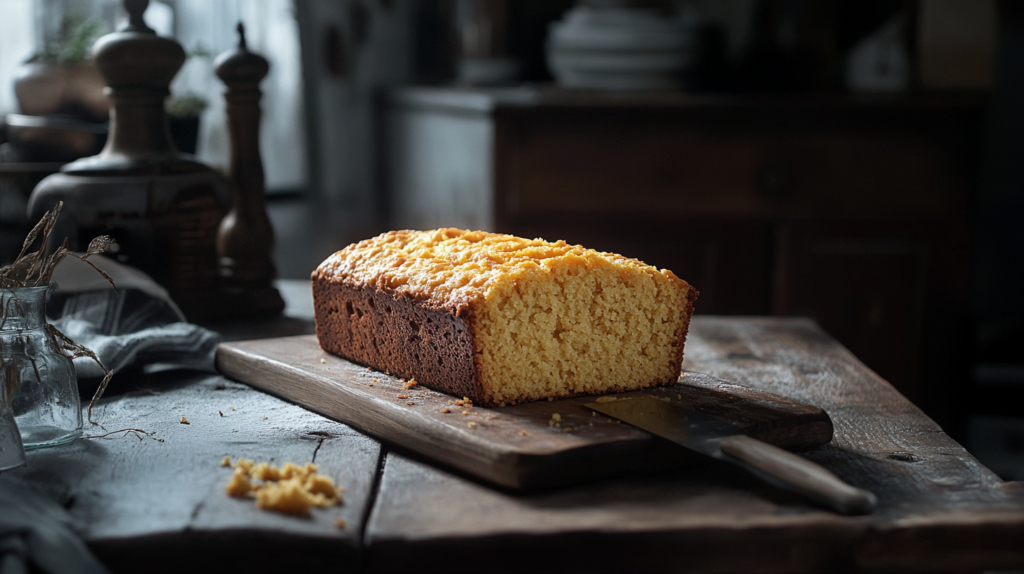 Cornbread with a golden crust served on a wooden board.