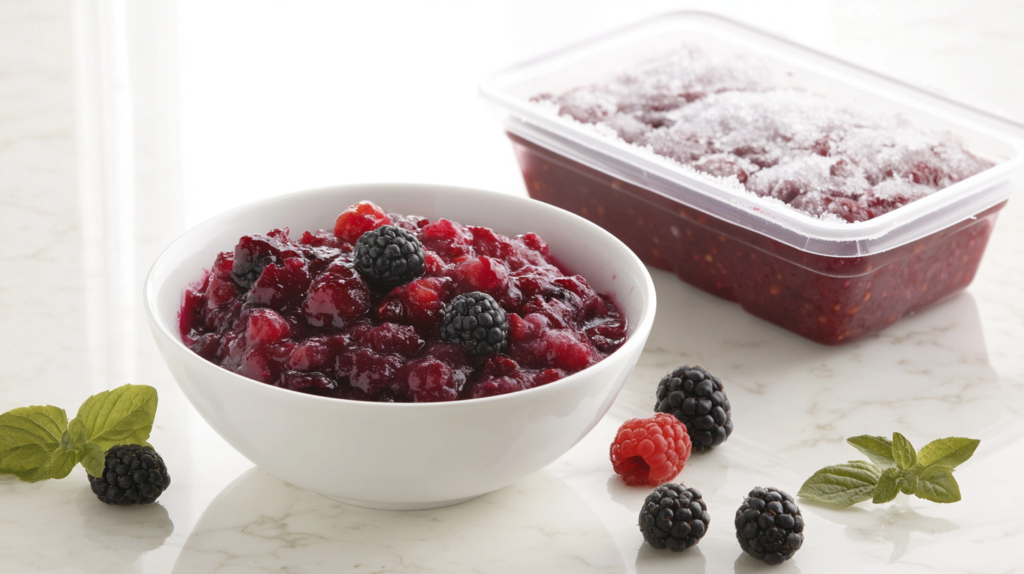 Person ladling compote into labeled freezer-safe glass jars, leaving space at the top for freezing expansion.