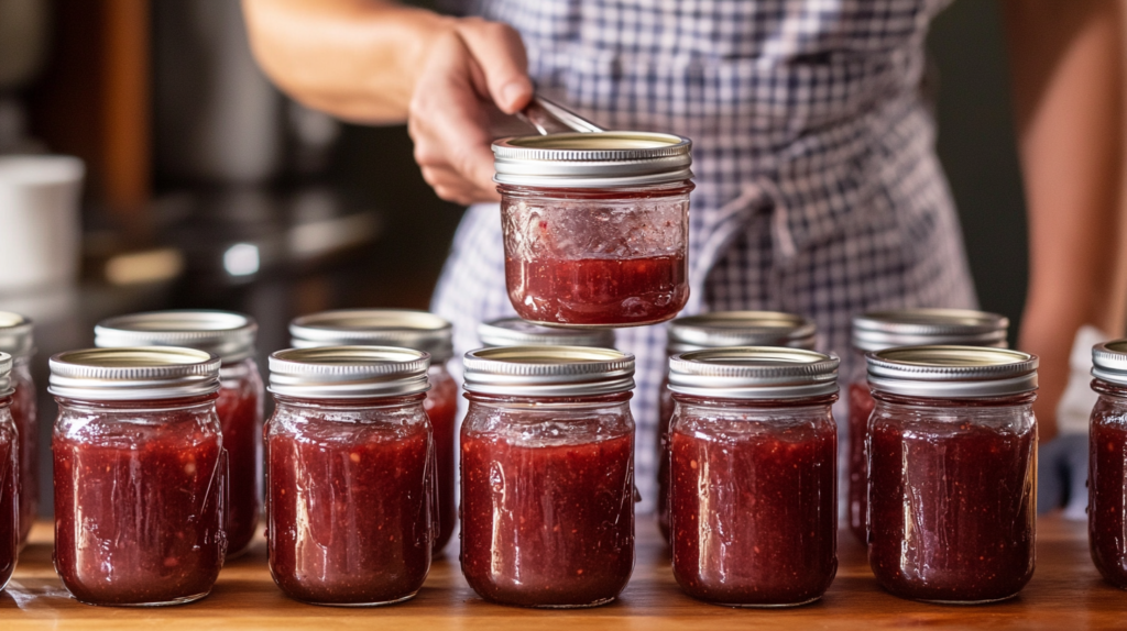 Person ladling compote into labeled freezer-safe glass jars, leaving space at the top for freezing expansion.