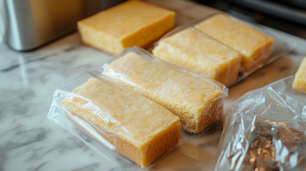 Cornbread wrapped in plastic and stored in a freezer-safe bag.