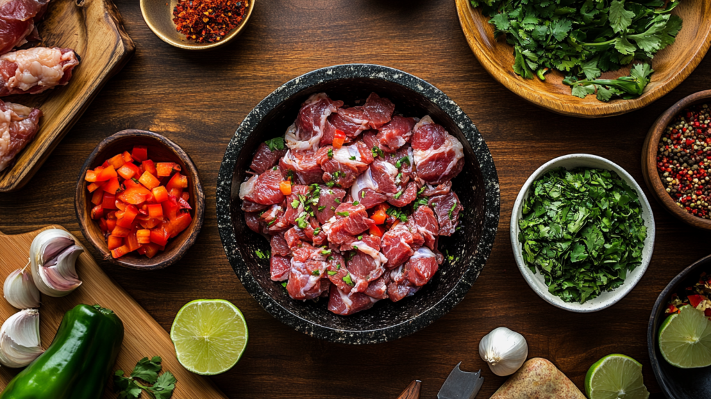 Fresh ingredients for molcajete on a wooden table