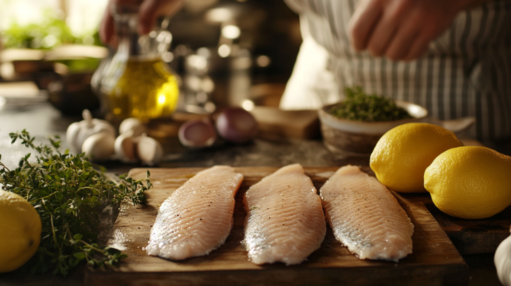 A chef preparing fresh rockfish fillets in a rustic kitchen, surrounded by ingredients like lemons, herbs, and garlic on a wooden countertop.