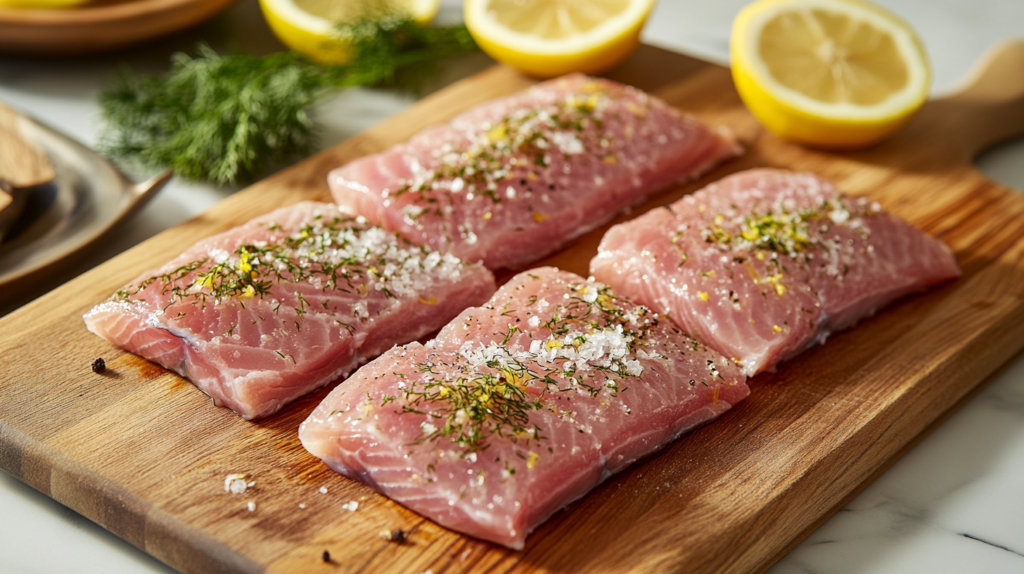 Fresh steelhead trout fillets being seasoned with herbs and spices.