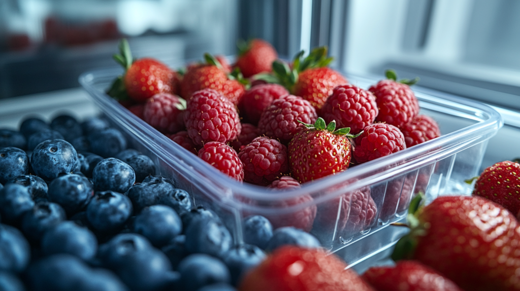 Berries stored in a ventilated container inside a refrigerator.