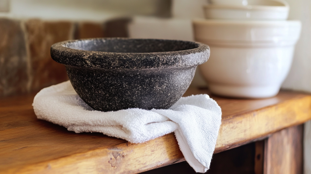 A clean and dry molcajete stored on a kitchen shelf