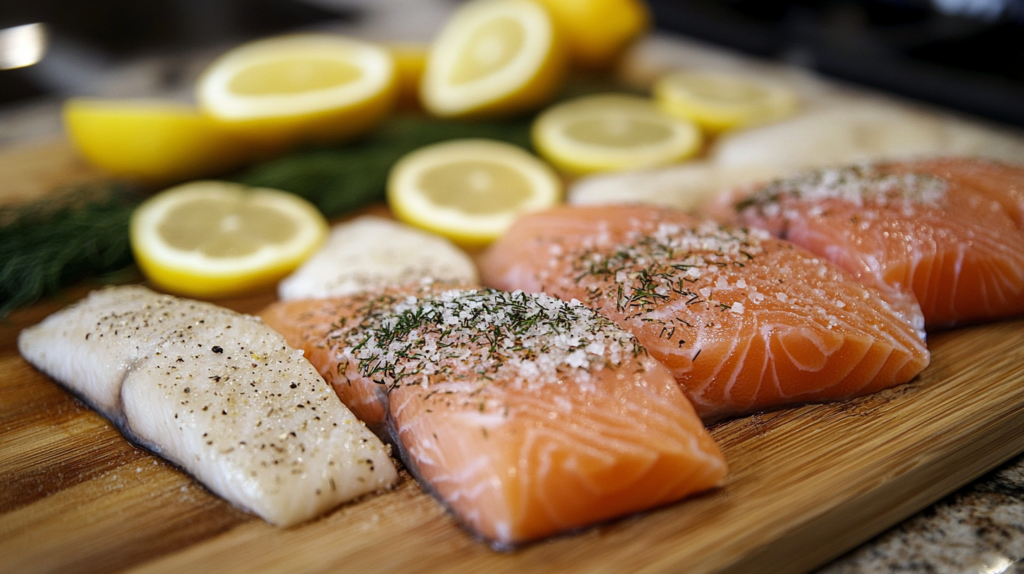 Raw steelhead trout fillets and salmon on a wooden cutting board being seasoned with salt, pepper, and fresh dill, with lemon slices in the background.