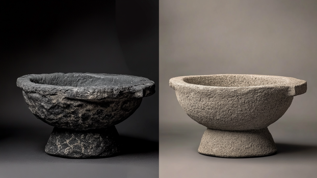 Side-by-side comparison of real and fake molcajetes