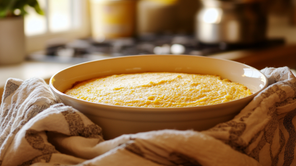 Cornbread batter covered with a kitchen towel during resting.