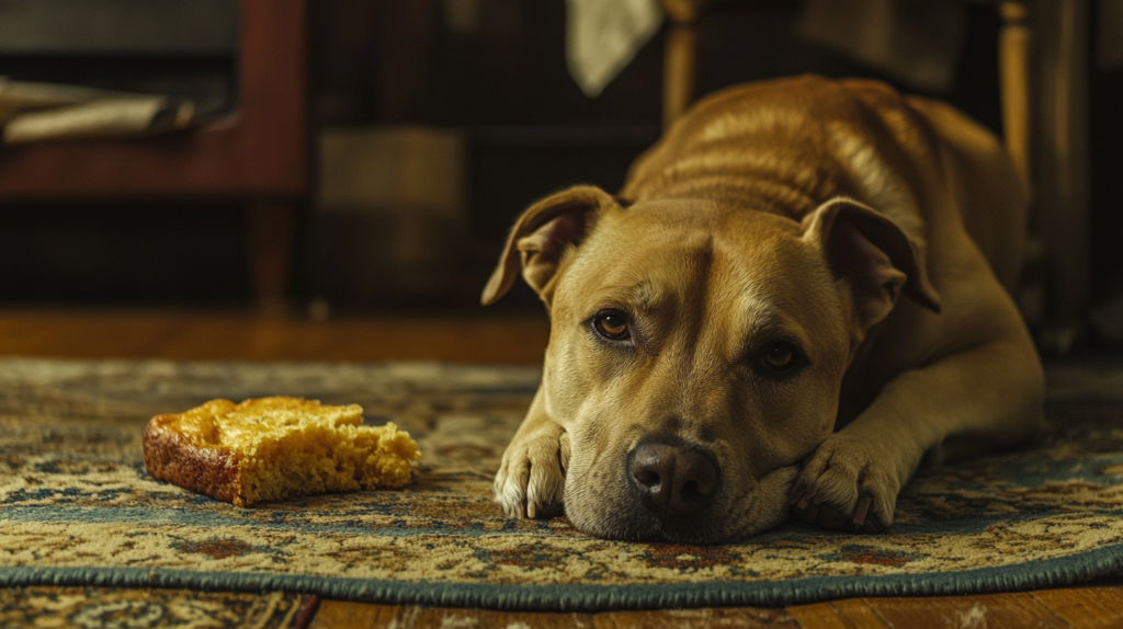 A dog with an upset stomach lying on the floor.