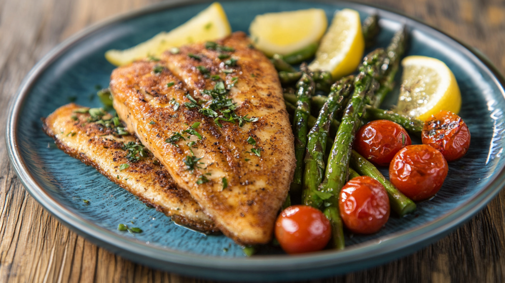 Fried steelhead trout served with roasted vegetables on a plate.
