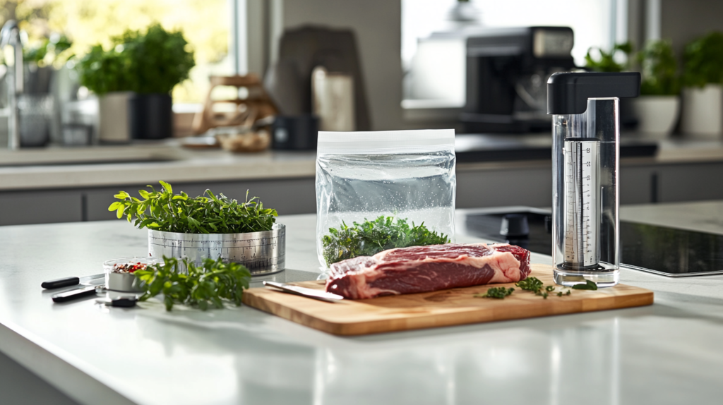 Sous vide machine with vacuum-sealed steak in water bath