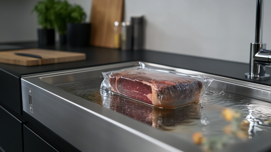 A sous vide machine maintaining precise temperature during the cooking process.