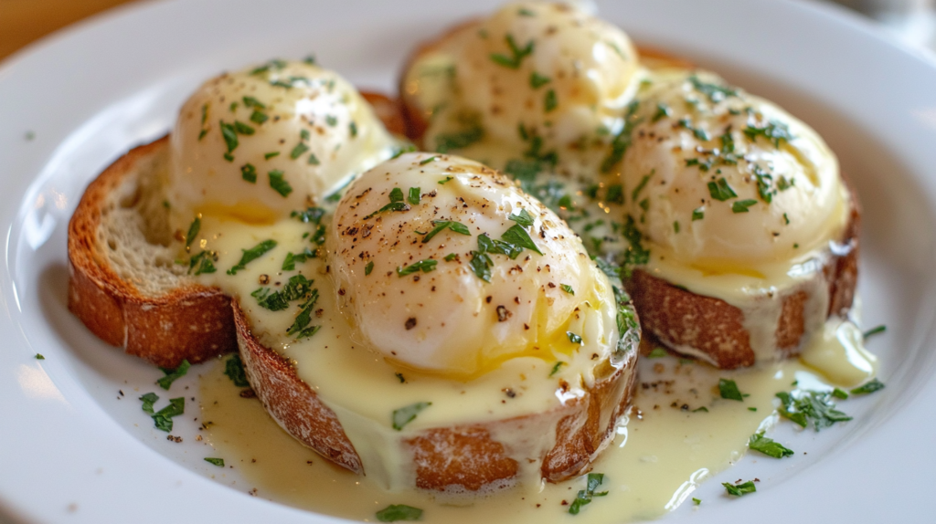 Sous vide poached eggs with runny yolks served on toast.