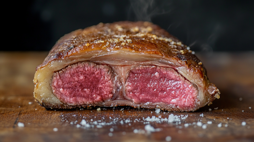 Perfectly cooked steak sliced open, showing edge-to-edge donen