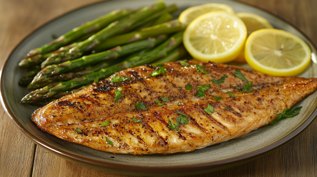 Grilled steelhead trout on a plate with vegetables