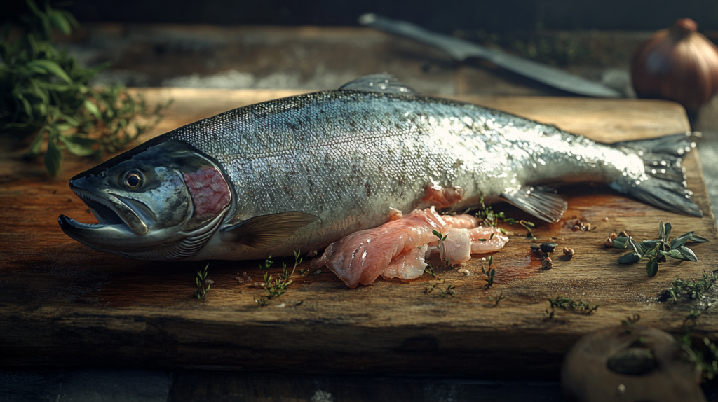 Steelhead trout on a wooden cutting board with visible bones