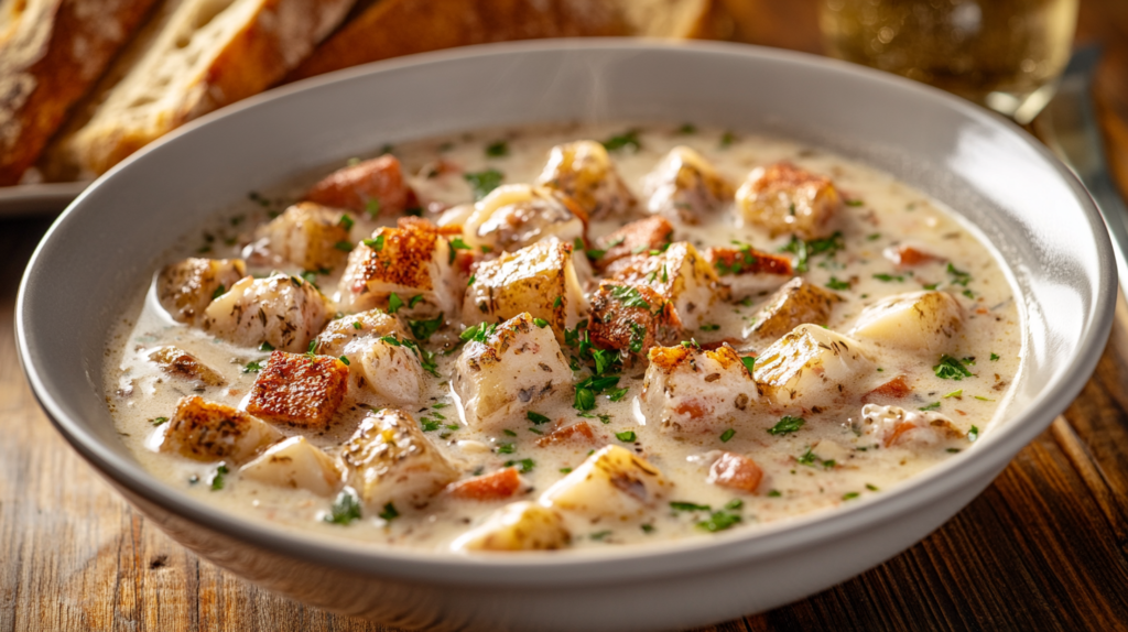 A creamy bowl of steelhead trout chowder with potatoes and fresh herbs.