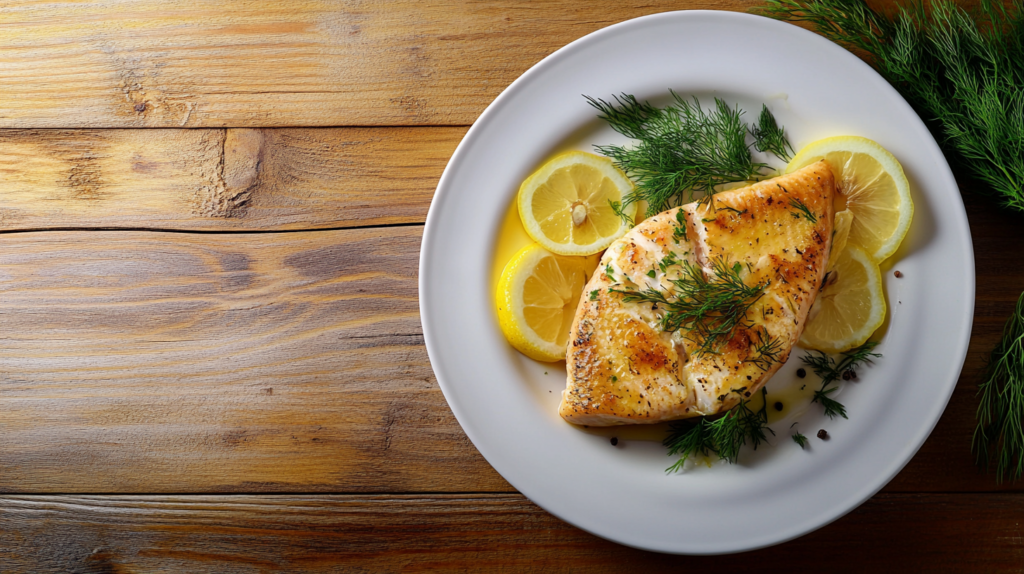 A beautifully cooked steelhead trout fillet served on a white plate with lemon slices and fresh herbs.