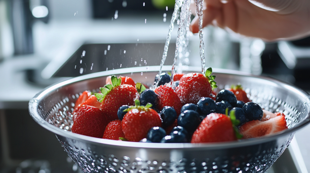 A person rinsing berries in a colander under running water.