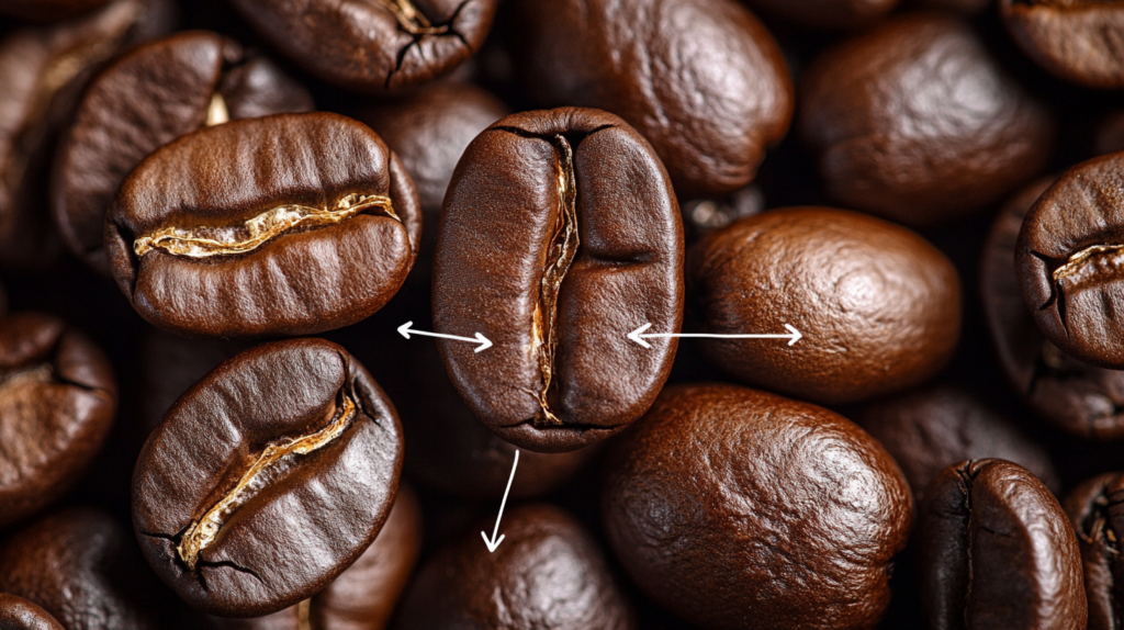 A close-up of coffee beans with labeled components like caffeine and antioxidants.