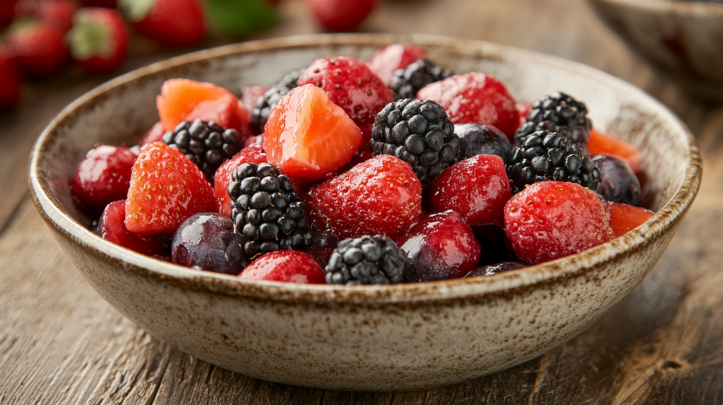 Bowl of thickened fruit compote with fresh berries.