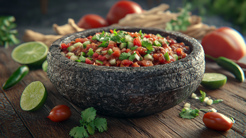 Traditional molcajete with fresh salsa and ingredients.