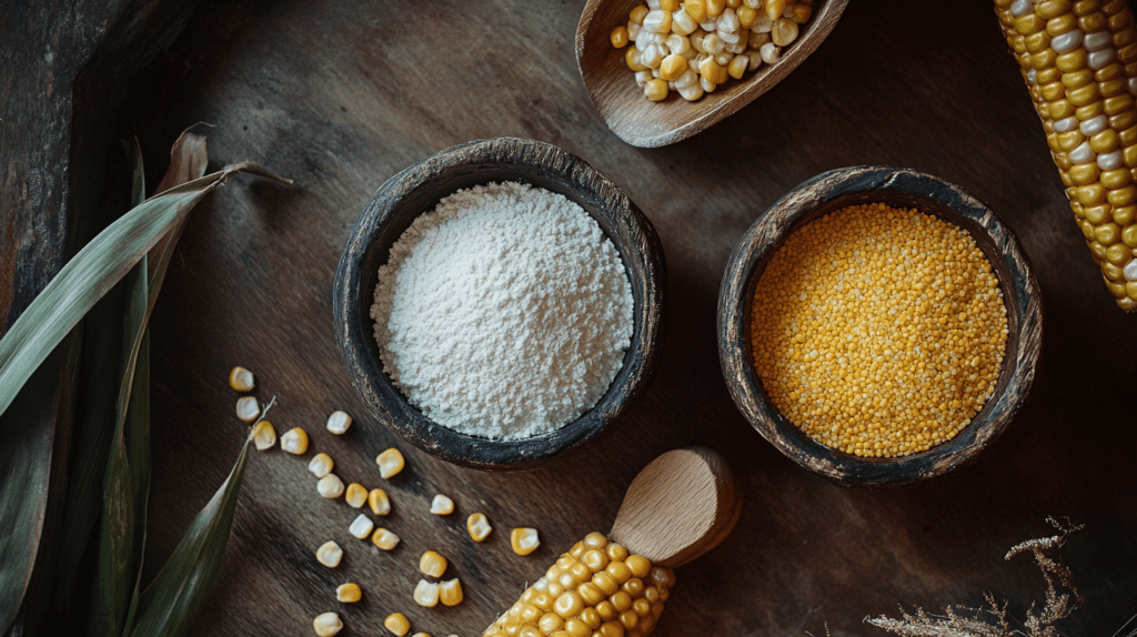A variety of cornmeal types displayed in small bowls on a wooden surface, showcasing options for making Southern cornbread.