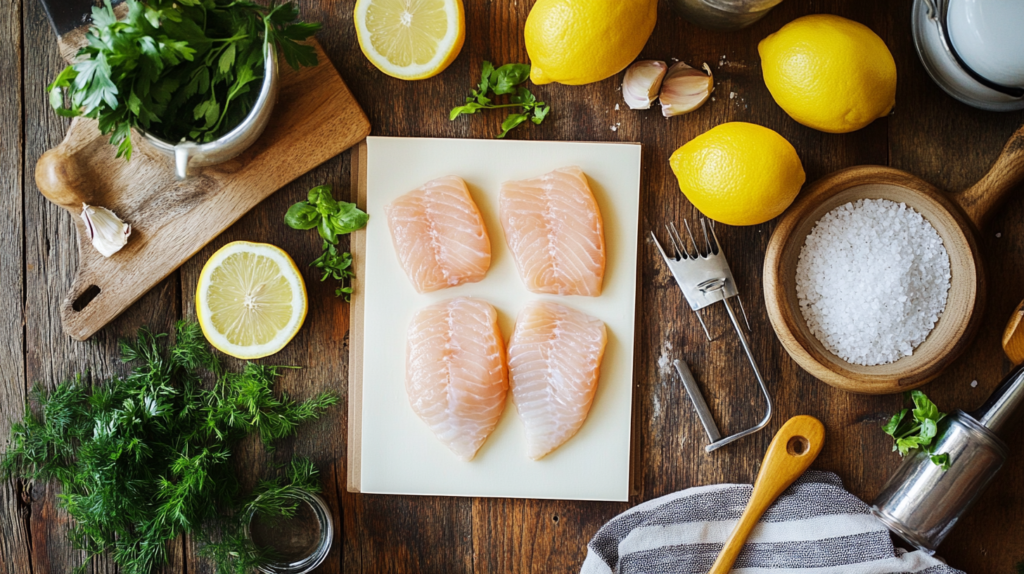 A cozy kitchen setup with a notepad listing frequently asked questions about rockfish recipes, surrounded by fresh fish, lemons, herbs, and cooking tools.