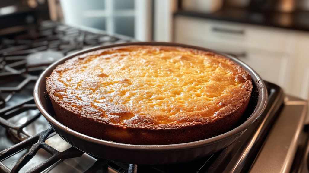 Freshly baked Southern cornbread in a cast iron skillet with a golden crust.