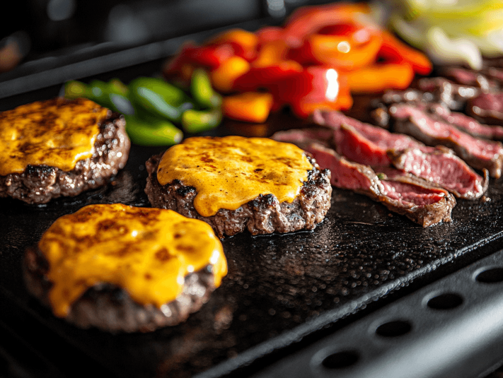 A Blackstone griddle cooking scene featuring cheese-topped burgers, seared steak slices, and colorful vegetables like peppers and onions.