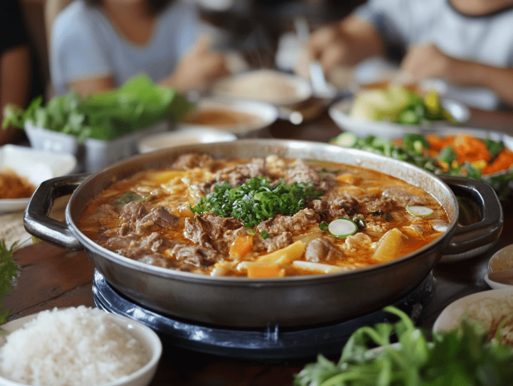 A Filipino family enjoying a meal together, sharing a large pot of Sinigang, surrounded by fresh ingredients and a warm atmosphere