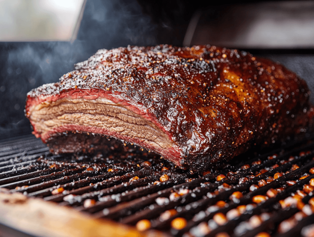 A Traeger grill with a perfectly smoked brisket, showcasing a juicy, caramelized crust and tender texture.