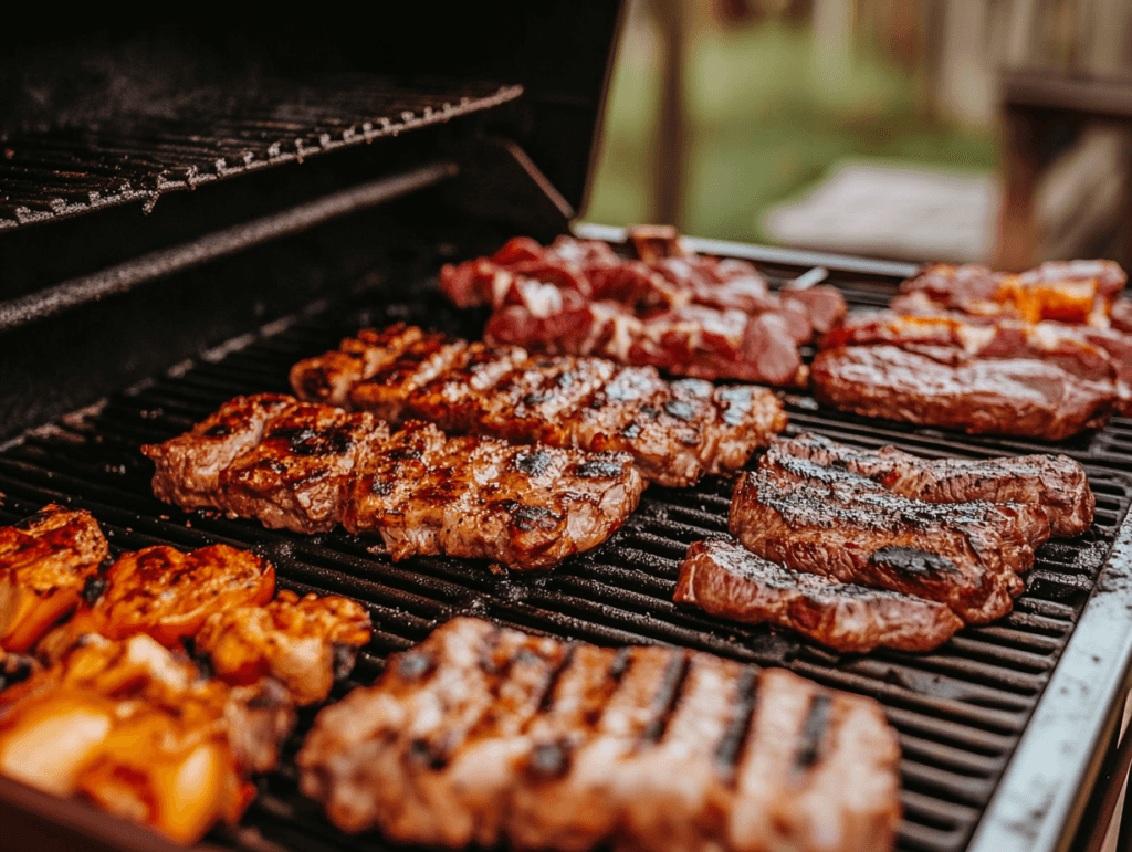 A Traeger grill loaded with various cuts of meat evenly spaced, showcasing perfect grill marks and a smoky finish.