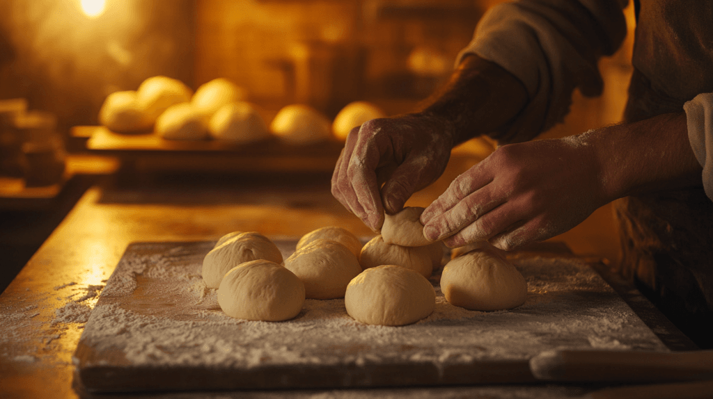 A baker shaping cold brioche dough on a floured surface