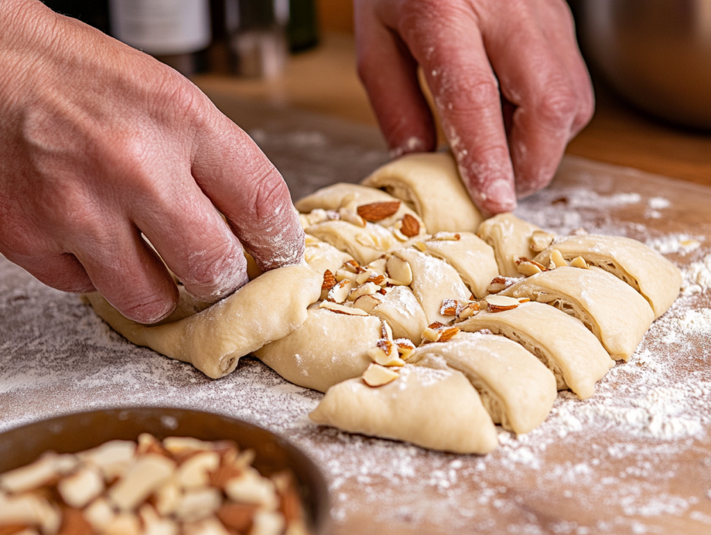 A baker's hands shaping crescent-shaped dough pieces on a floured surface