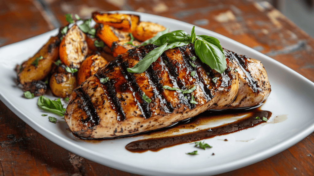 Balsamic chicken served with roasted vegetables on a wooden table.