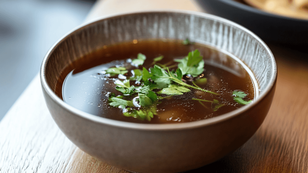 A bowl of bone broth garnished with herbs on a dining table.