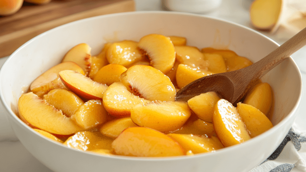 A bowl of sliced peaches with a wooden spoon stirring, ready for use in a dessert recipe.