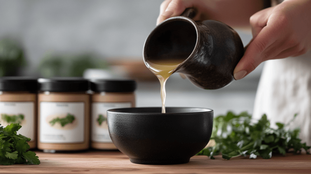 A person serving a portion of low-sodium bone broth in a bowl.