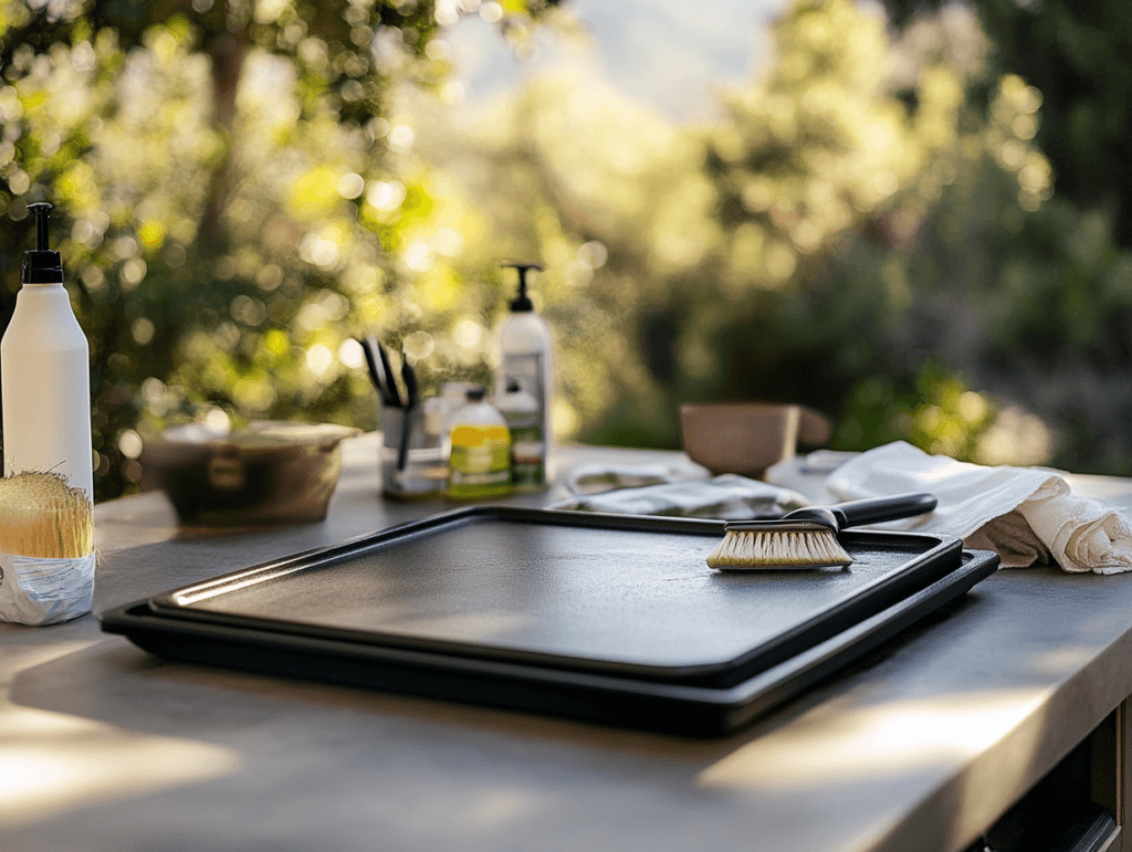 Clean Blackstone griddle with cleaning tools and supplies on an outdoor countertop surrounded by greenery