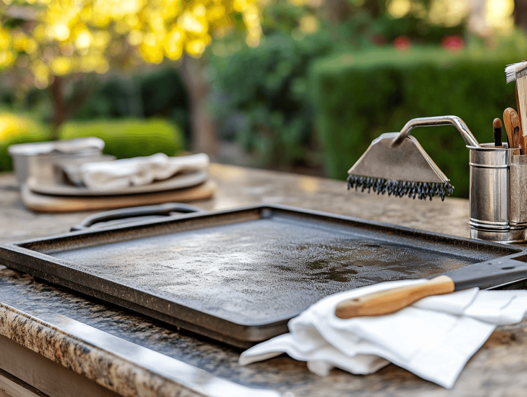 A clean Blackstone griddle with visible cleaning tools and utensils on a granite countertop in an outdoor setting