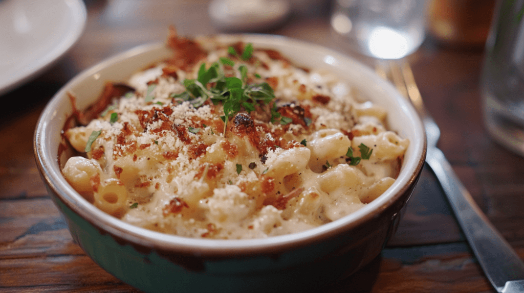 A bowl of creamy mac and cheese with a fork.